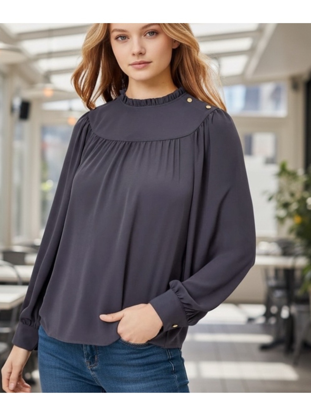 LOFT CHARCOAL SMOCKED TOP NEW WITH TAG